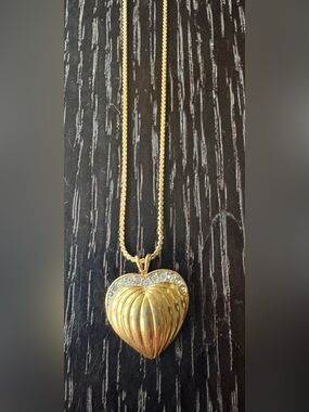 Crown Trifari Vintage Gold Plated Necklace with Heart and Rhinestones Pendant